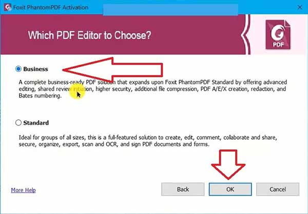 Click chuột vào Business và OK để kích hoạt Foxit PhantomPDF