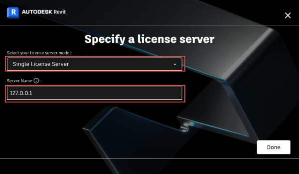 chọn Single license server sau đó ấn done để hoàng thành crack Autodesk Revit